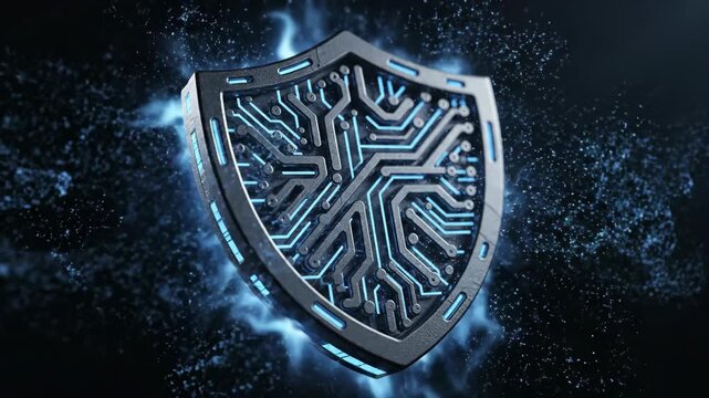 A futuristic shield with circuit board design and blue glow on a dark background