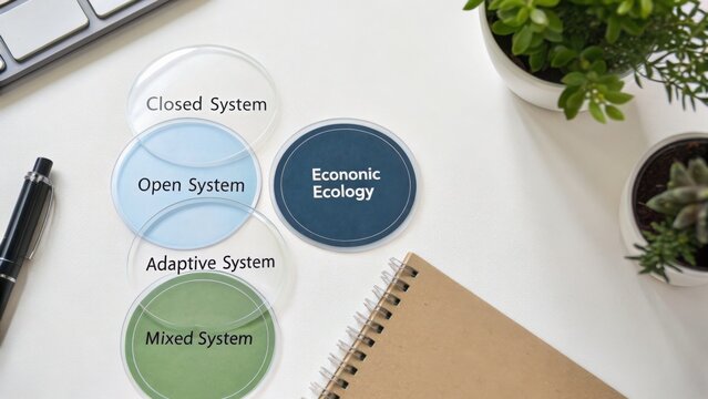 Economic Ecology Concept with System Types including Closed, Open, Adaptive, and Mixed Systems on Workspace Desk with Plant and Notebook