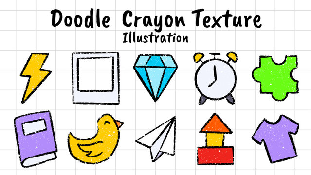 Doodle crayon texture illustration hand drawn style, random objects set, scrapbook stickers, childhood elements, lightning, diamond, alarm clock, duck, and shirt