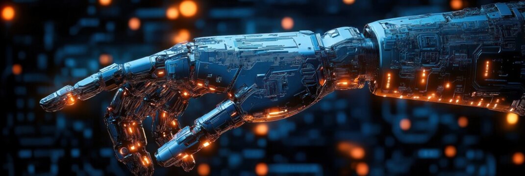 futuristic robotic hand reaching forward with glowing orange circuitry and metallic panels against a dark blurred digital background, evoking precision and awe