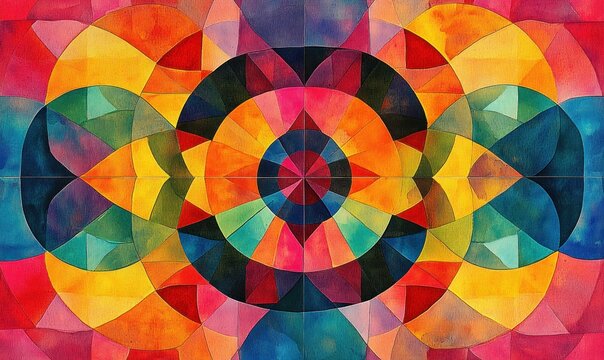 Vibrant geometric mandala of overlapping concentric circles, angular facets and kaleidoscopic spokes in watercolor texture, radiant warm and cool colors conveying energetic joyful harmony
