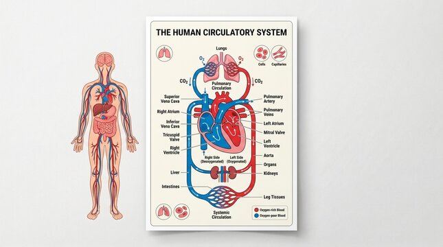 Human Circulatory System Poster with Heart Anatomy and Blood Flow Diagram Educational Medical Illustration
