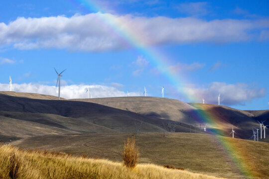 Rainbow over windmills in Washington state