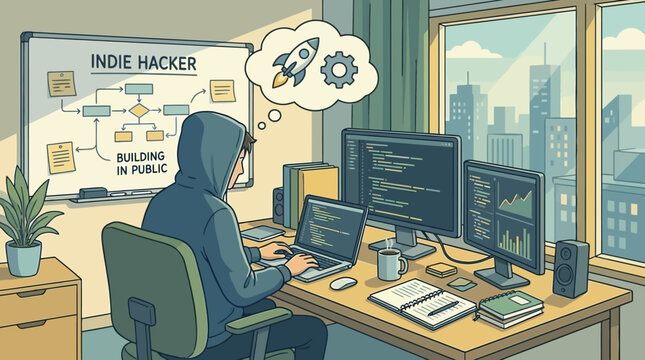 Person in hoodie coding on computer at desk with multiple monitors in office