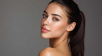Naklejka premium Portrait woman flawless skin natural beauty dark hair studio background close up face profile elegance soft light