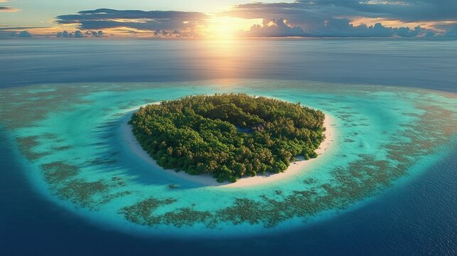 aerial view of a small tropical island with dense palm trees, white sandy beach and surrounding turquoise coral reef under a glowing sunset, evoking serene idyllic tranquility