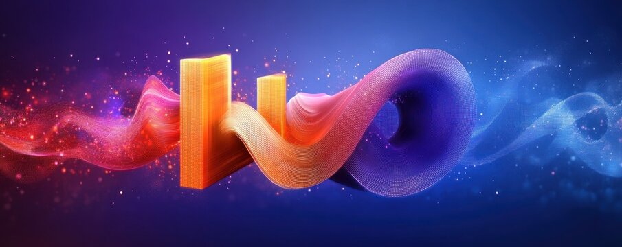 vibrant glowing orange and purple ribbon loop with flowing light trails and sparkling particles over a deep blue gradient background, energetic and mesmerizing