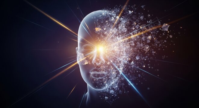 A translucent visage dissolves into flickering light beams and digital artifacts, manipulated by invisible geometric shapes and energy rays, identity, overlay, mystery