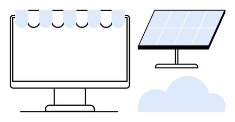 Renewable energy, sustainability, digital solutions, solar power, cloud computing, technology. Monitor with awning, solar panel cloud. Renewable energy and sustainability concepts © robu_s