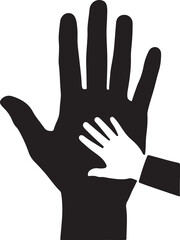 Fototapeta premium A simple black and white vector illustration showing a large adult hand palm with a small child's hand placed on top, symbolizing support and care.