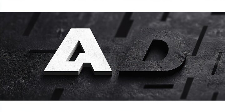 Bold contrasting 3D letters A and D on a rough concrete surface with deep shadows and a minimalist dramatic mood