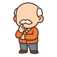Fototapeta premium Thinking bald man with mustache wearing orange jacket