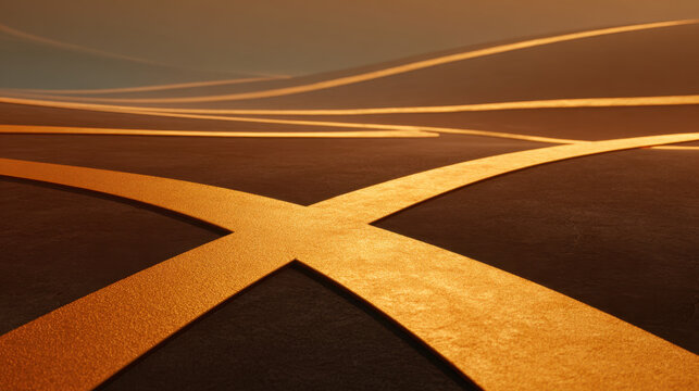 Abstract road intersection golden lines dark surface cinematic light modern design minimal scene glowing path smooth curve perspective view warm tone