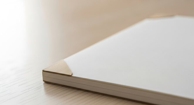 Close-up of a blank white notebook with brown corner tabs on a desk