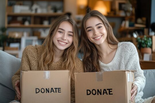 Two women on a couch holding cardboard boxes labeled donate in a cozy living room with bookshelf, plants and warm lighting, conveying a caring and generous mood