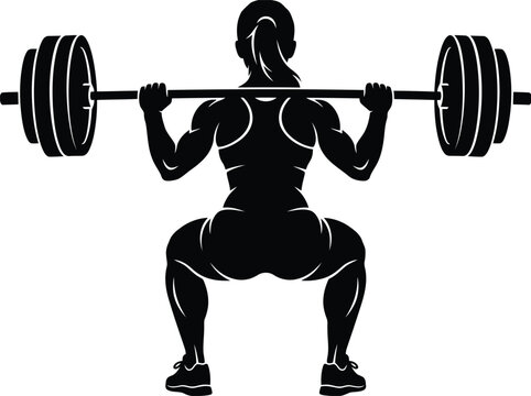 Silhouette of a muscular woman doing a heavy barbell squat exercise for fitness and bodybuilding training