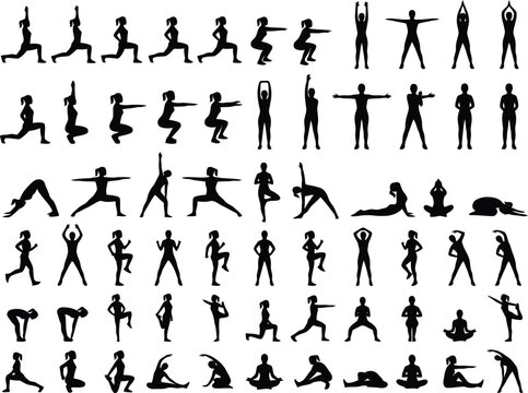 Set of silhouettes of a woman performing various yoga poses and fitness exercises for healthy lifestyle and workout