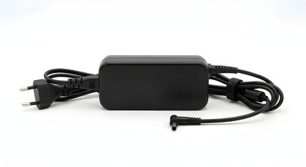 Fototapeta premium Black power adapter with cable isolated on white background, electronic charging device.
