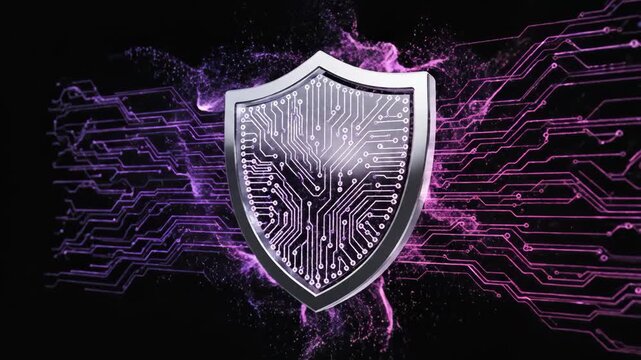 A shield with a circuit board design on a black background with purple circuit lines