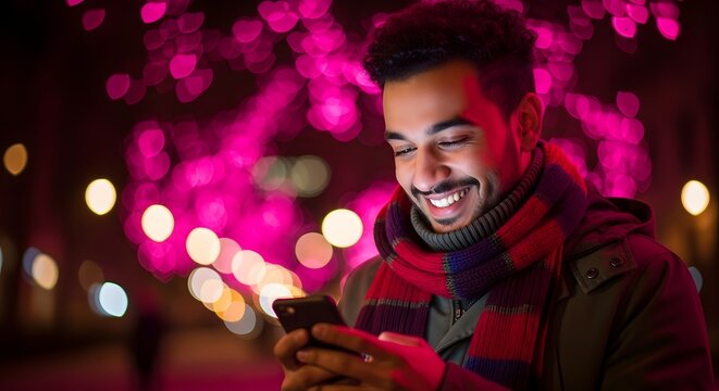 Young man smiling while using a smartphone at night
