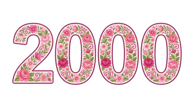 Decorative number 2000 with floral pattern isolated on white background, celebration or anniversary design.