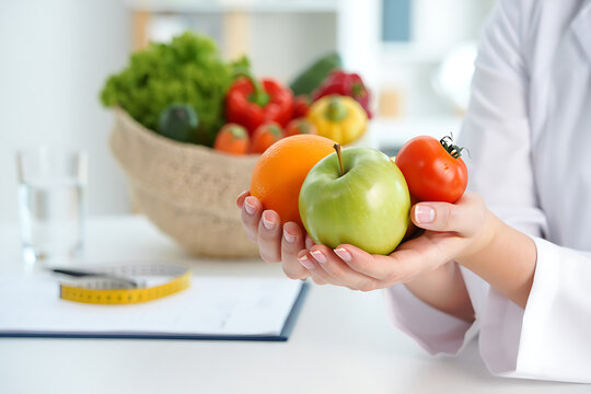 Hands holding fresh green apple orange and tomato with vegetables fruit