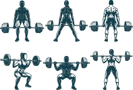 Set of men and women performing weightlifting exercises with barbells in a gym for bodybuilding and strength training workout