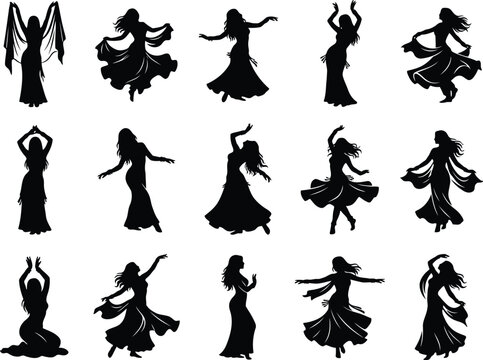 Set of black silhouettes of beautiful women performing belly dance in different poses and movements isolated on a plain backdrop
