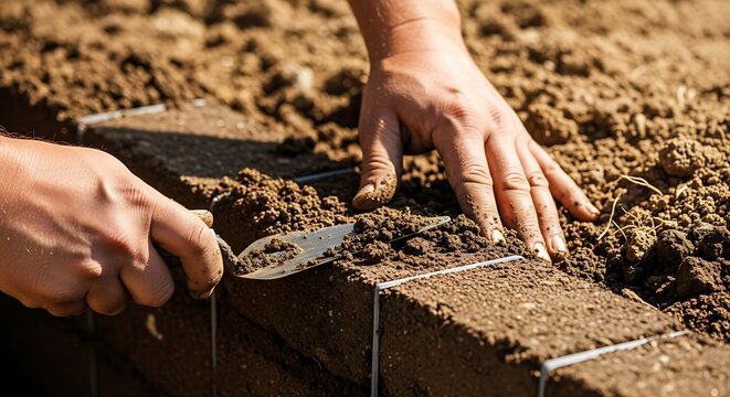 Close-up of worker hands using a trowel to level soil on a building site