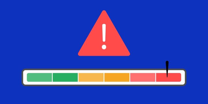 Level bar crossing marked risk threshold. Alert symbol appearing above limit. AI risk trigger activation concept scene. Clean interface element detail. Continuous bar movement animation.