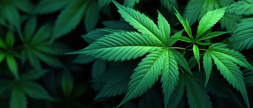 Green leaf banner with lush cannabis plant foliage on dark background, natural texture and dramatic contrast