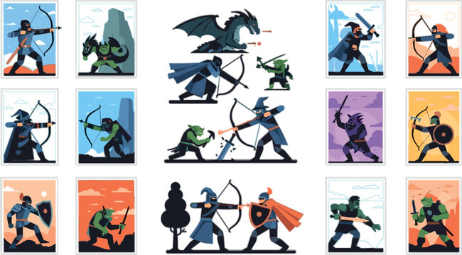 Fantasy Archer and Warrior Battle Scenes Vector Set Featuring Knights, Orcs, Dragons, Bows, Swords and Action Combat Illustrations in Flat Style