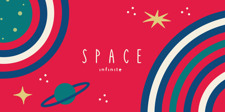 space themed vector illustration with bright red background