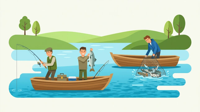 Illustration of three men fishing from two wooden boats on a serene lake with lush green hills and trees in the background