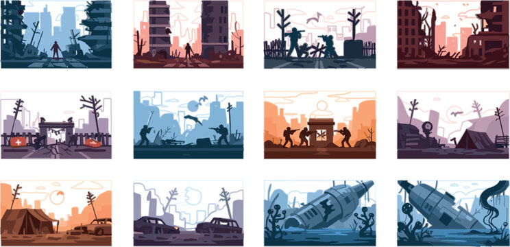 Post Apocalyptic Landscape Scenes Vector Set Featuring Ruined Cities, Survivors, Mutant Creatures, Desert Wasteland and Disaster Environment Illustrations in Flat Style