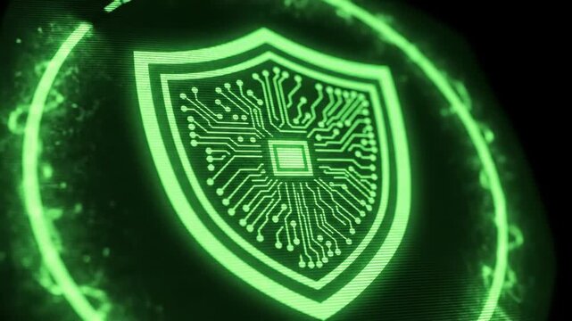 A green shield with circuit board design on a dark background with glowing green lines