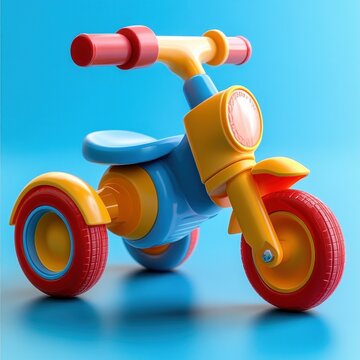 bright glossy plastic toddler tricycle with yellow frame, red wheels and blue seat on a clean blue background, playful and cheerful mood