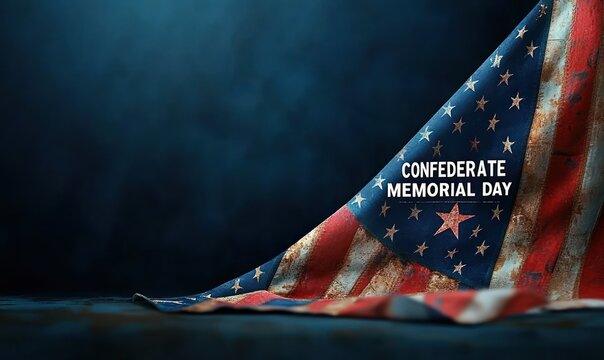 tattered confederate flag draped on a dark floor with 'confederate memorial day' text, dusty worn fabric evoking a solemn mournful atmosphere