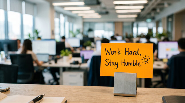 Motivational note with the text work hard, stay humble on a desk in a modern office setting