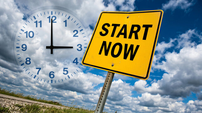 Start now sign with clock on sky background
