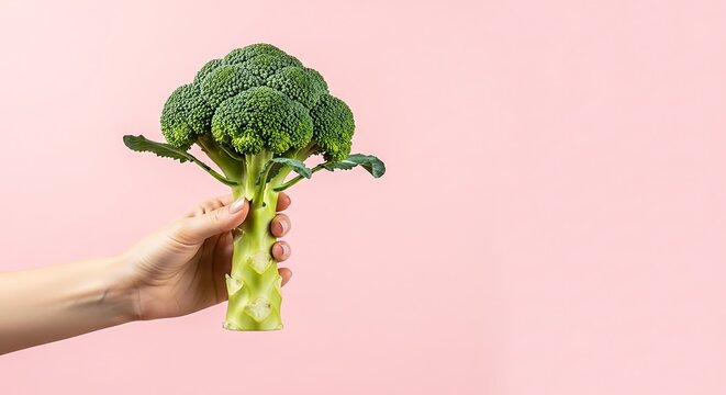 Hand holding a fresh head of broccoli on a pink background