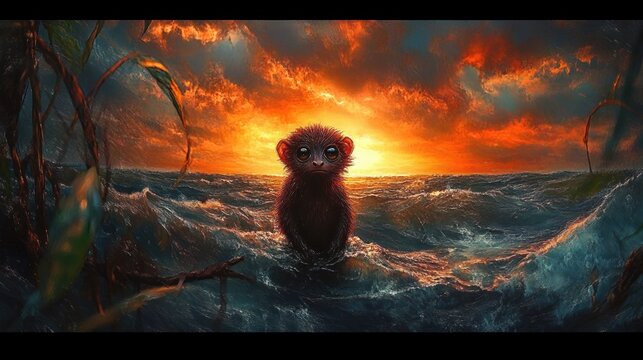 wide-eyed small furry creature standing alone in turbulent ocean waves framed by seaweed under a fiery sunset sky, conveying loneliness and fragile hope