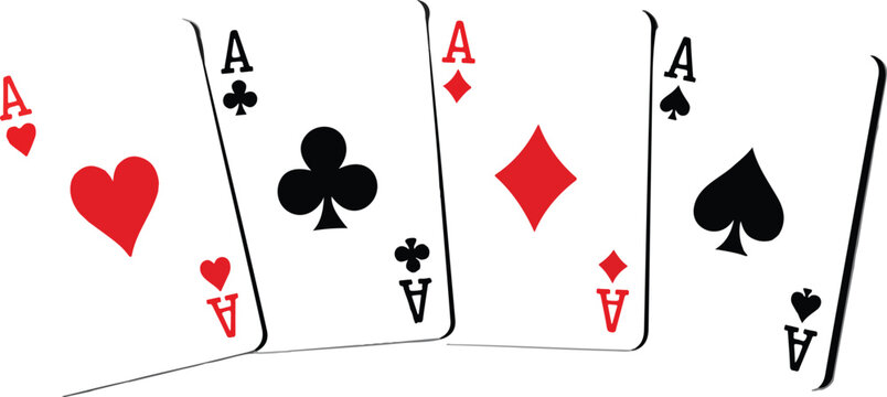 Four aces playing cards set with heart club diamond and spade suits vector illustration isolated on white background,
