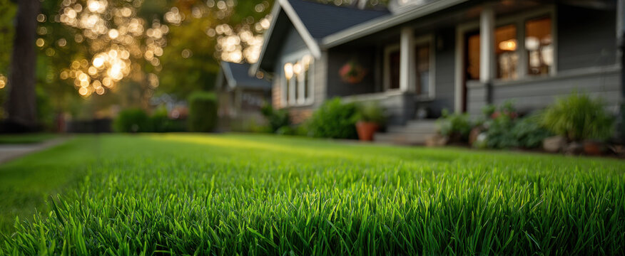 Front yard spring green lawn suburban house residential home grass garden yard daylight American neighborhood house exterior lawn care landscape home roof porch sidewalk tree shrub plant nature