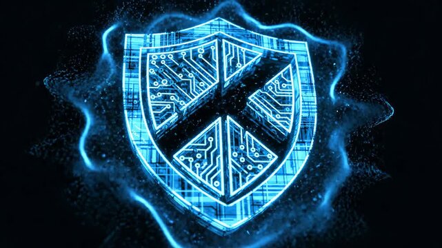 A blue shield with a black diagonal line on a black background with blue glow