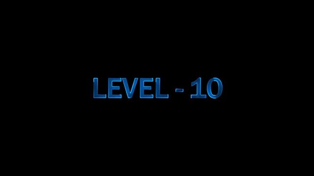 Level ten glowing blue text futuristic cyberspace effect on black background indicating game achievement progress complete