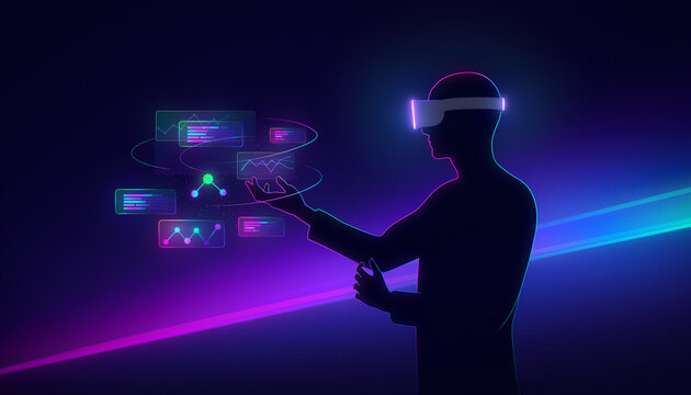 Silhouette of person using virtual reality headset with digital data interface