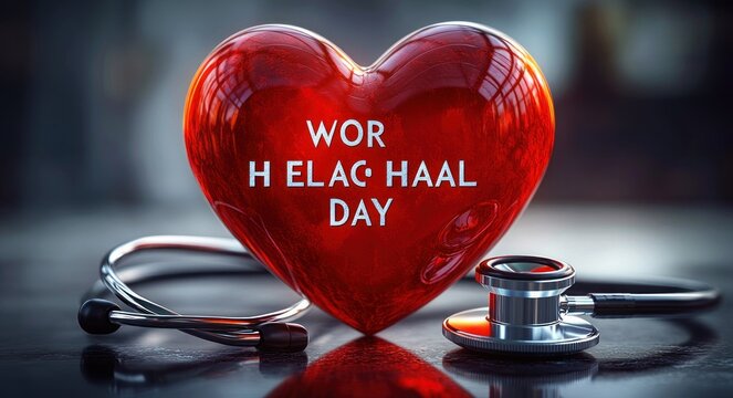 Red glass heart with block letters reading 'WOR H ELAC HAAL DAY', silver stethoscope resting beside it on a reflective table conveying medical care and compassion
