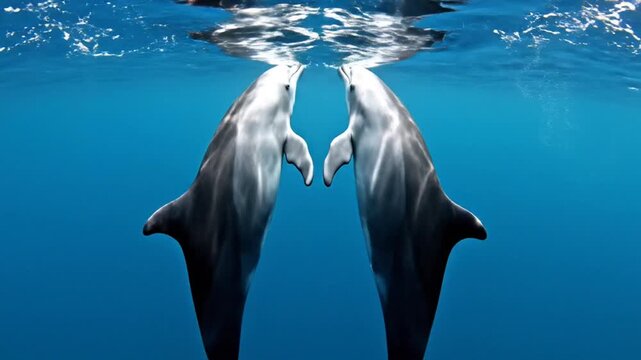 Two dolphins diving deep into the ocean water together