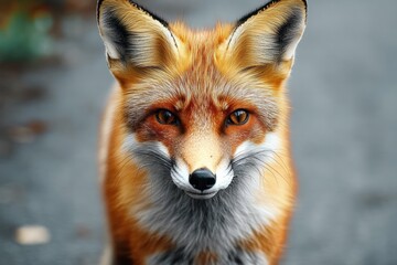 Fototapeta premium Curious red fox peeking with alert upright ears and orange fur on a quiet paved path